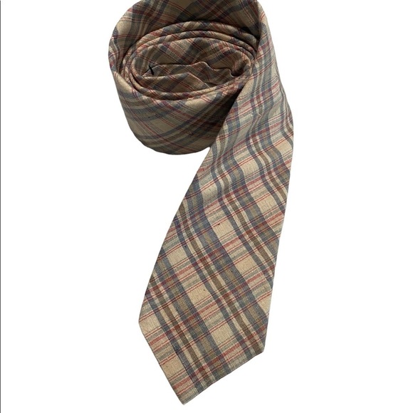 Vintage Lands’ End Silk Cotton Plaid Necktie Hand-Sewn Preppy Classic Menswear - Picture 1 of 12